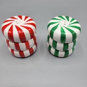 Vintage Ceramic Figis Red & Green Peppermint Candy Swirl Salt & Pepper Shakers
